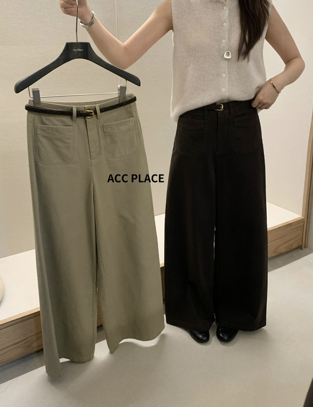 Acc Korean Style Versatile Straight Wide-Leg Pants for Women, Autumn High-Waisted Versatile Double-Pocket Casual Long Pants with Belt
