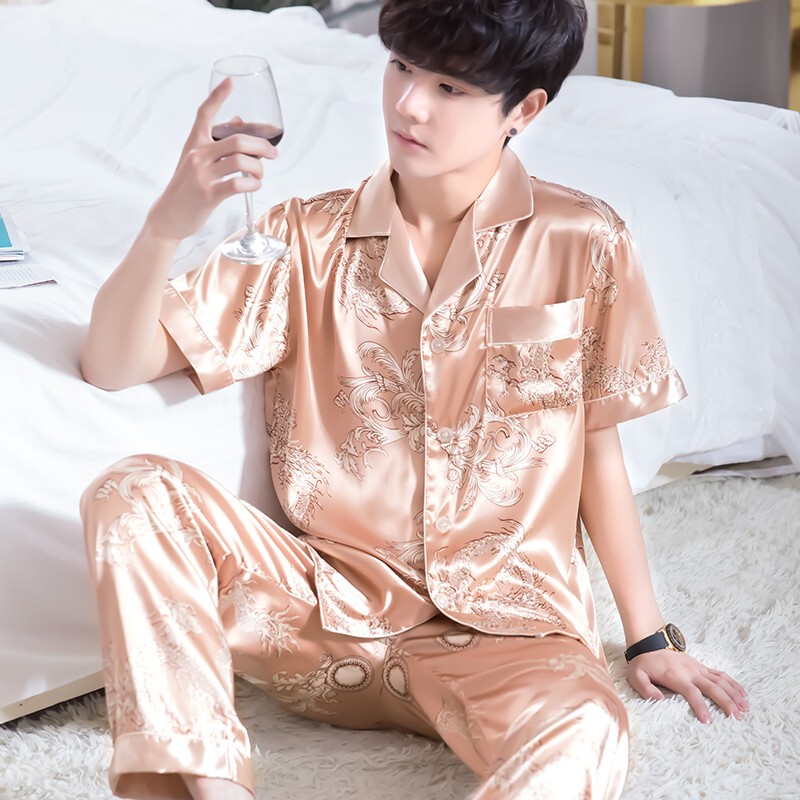 [Gift Box] Men's 100% Mulberry Silk Light Luxury High-End Pajamas Short-Sleeved Long Pants 19 Momme Silk Home Wear
