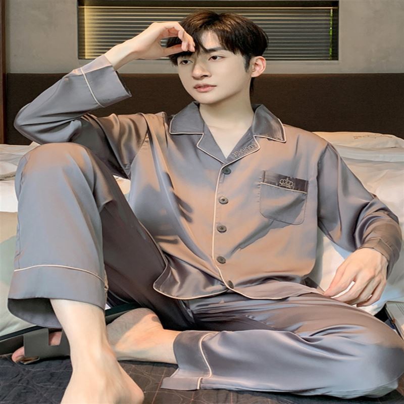 Silk Pajamas, Thin Long-Sleeved Casual Wear That Can Be Worn Outside, Light Luxury Home Wear, Men's Summer Silk Cool-Feeling Suit