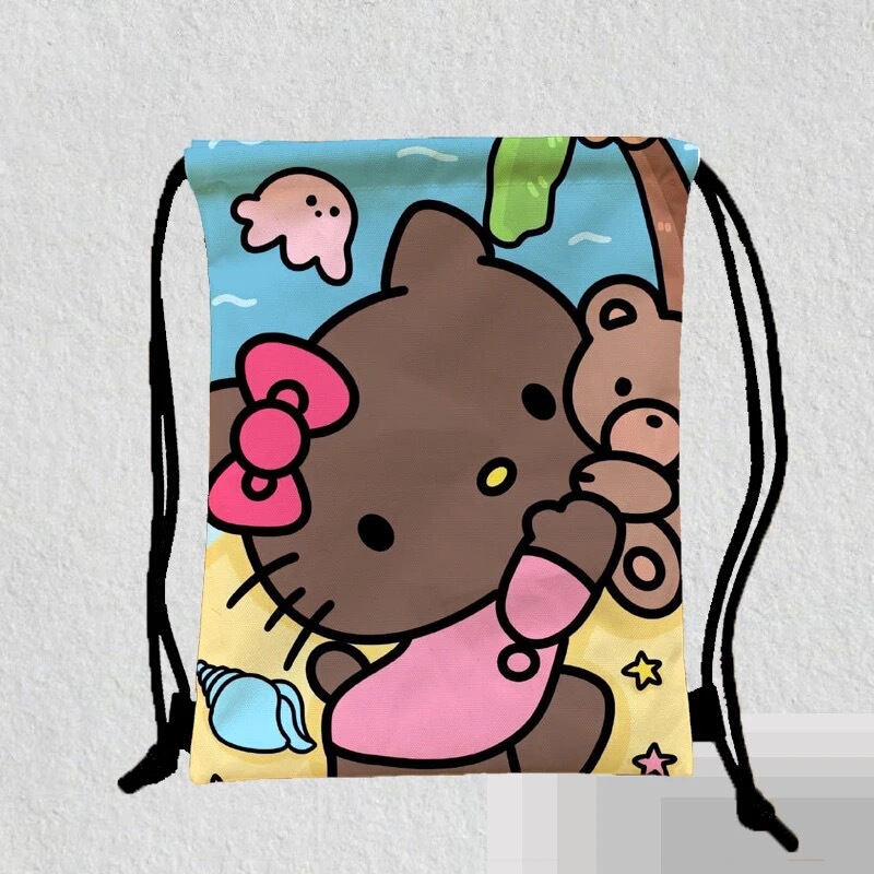 Hello Kitty Black Leather Kitty Cat Kt Hot Girl Waterproof Drawstring Storage Bag Basketball Backpack