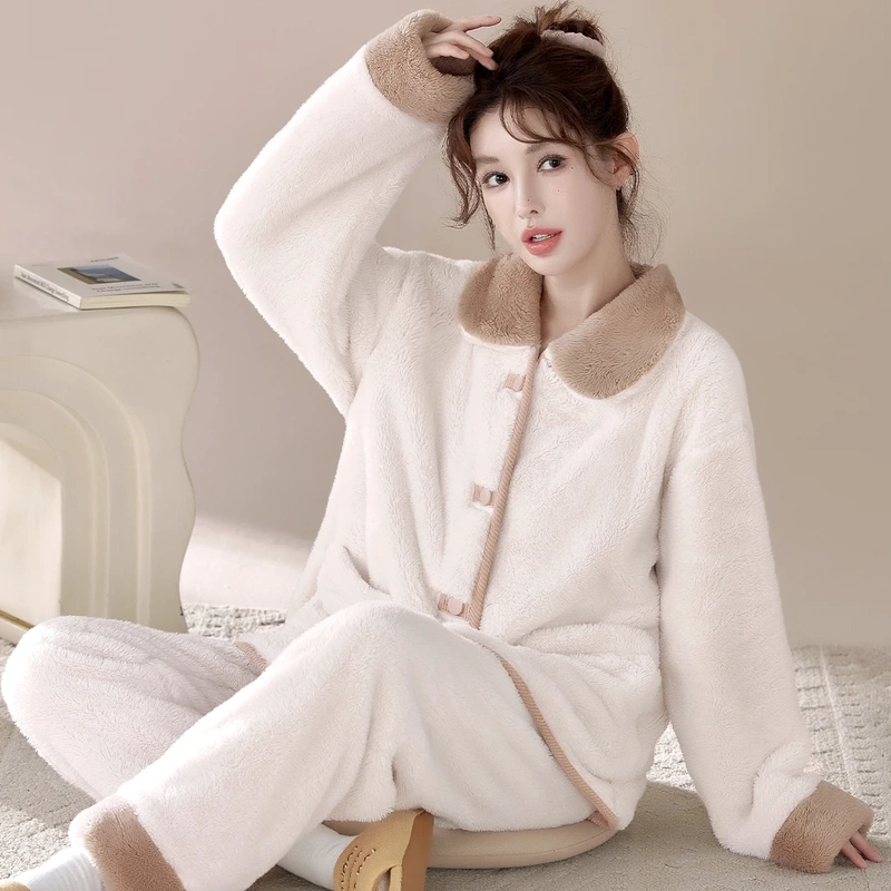 Women's Autumn and Winter Pajamas, Fleece-Lined and Thickened for Warmth, Coral Fleece Cardigan Loungewear Set, Loose Fit, Can Be Worn Outside, Flannel Women's Autumn and Winter Pajamas, Fleece-Lined and Thickened for Warmth, Coral Fleece Cardigan Loungewear Set, Loose Fit, Can Be Worn Outside, Flannel