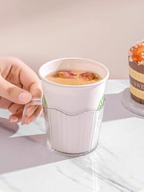 Thickened Disposable Paper Cup Holder with Hard Plastic Tea Cup Holder, Insulated Cup Holder with Stripes, Universal Cup Sleeve
