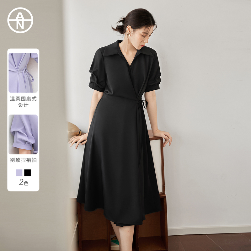 An Plus-Size Women's Black Wrap-Style Dress with a Sense of Design, Summer Dress for Slightly Chubby Women, Waist-Cinching, Slimming, Tie-Up Mid-Length Dress An Plus-Size Women's Black Wrap-Style Dress with a Sense of Design, Summer Dress for Slightly Chubby Women, Waist-Cinching, Slimming, Tie-Up Mid-Length Dress