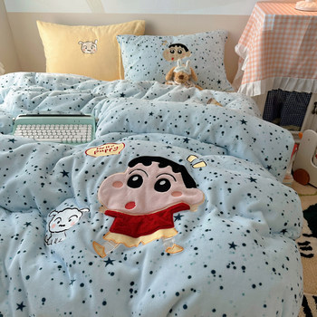 Winter Cute Crayon Shin-Chan Patch Embroidery Thickened Milk Velvet Four-Piece Set Warm Duvet Cover Coral Velvet Three-Piece Set