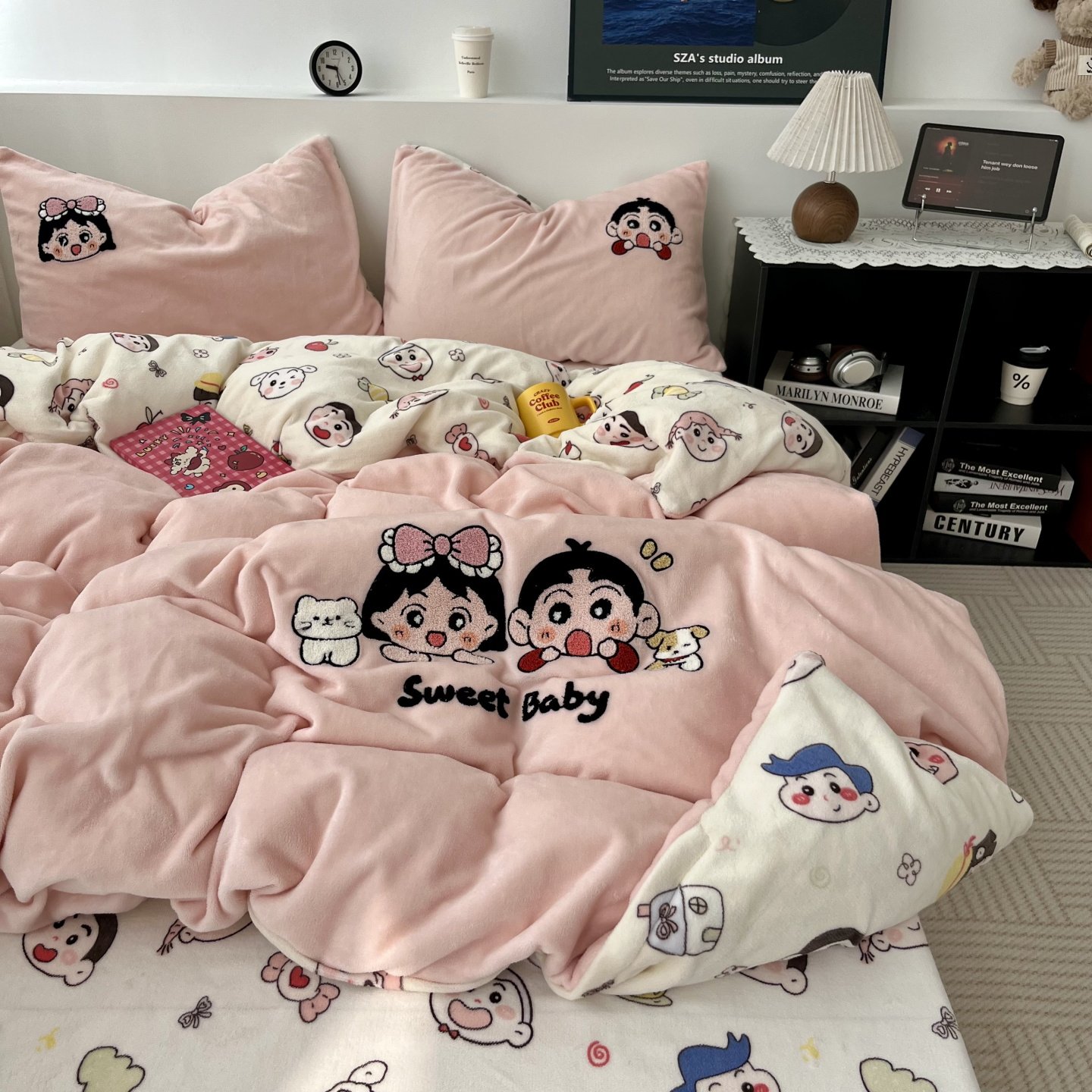 Korean Style Girl ins Cute and Fun Towel Embroidery Milk Velvet Four-Piece Set Coral Velvet Duvet Cover Bed Sheet Three-Piece Set 1.5