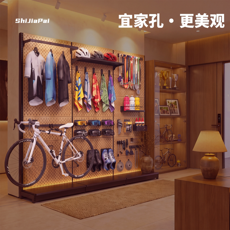 Cycling Equipment Display Rack Set, Pine Wood Color, Vintage Pegboard Storage Rack, Bicycle Storage Rack, Display Rack