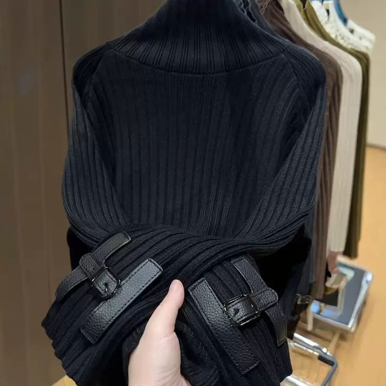 Extra Large Size 150kg Designer Leather Buckle Knit Sweater for Men and Women, Winter Loose Fit, Slimming, High-Neck Slit Pullover Sweater 2