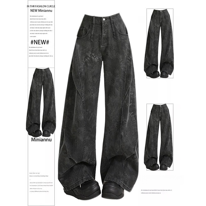 Plus Size 150kg Black Printed Deconstructed Patchwork Workwear Jeans for Men and Women, Autumn Loose Wide-Leg Scimitar Pants2