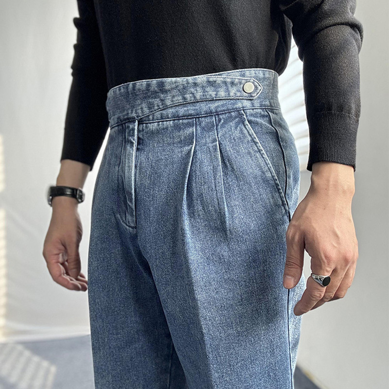 Mushen High-Waisted Straight-Leg Vintage Fashion Naples Washed Cotton Casual Jeans Mushen High-Waisted Straight-Leg Vintage Fashion Naples Washed Cotton Casual Jeans