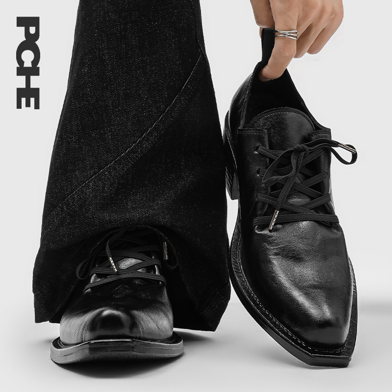Puchen Puch Niche Pointed-Toe Wizard Shoes with a Wrinkled Texture, Runway Fashion Style, Pointed High-Heeled Leather Shoes, Thick-Soled Derby Shoes
