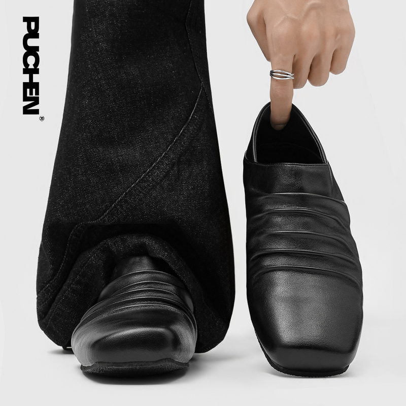 Puchen Puch Pleated Design Square-Toe Black Retro Half-Slip Unisex Casual Ballet Shoes Breathable Small Leather Shoes
