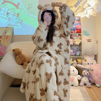 Vockoo Women's Winter Coral Fleece Three-Layer Quilted Nightgown Cute Bear Design Warm Fleece Thickened Loungewear
