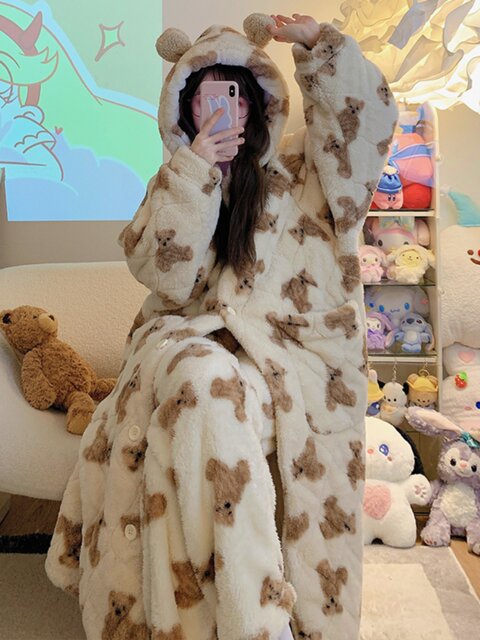 Vockoo Women's Winter Coral Fleece Three-Layer Quilted Nightgown Cute Bear Design Warm Fleece Thickened Loungewear
