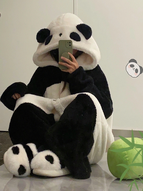 Vockoo Panda Pajamas for Women, Winter Coral Fleece, Thickened and Plush, Cute Bathrobe, One-Piece Sleepwear, Loungewear