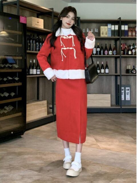 Red Christmas and New Year Festive Outfit Set, Fashionable Two-Piece Set for Spring, Autumn, and Winter, Long Skirt and Jacket