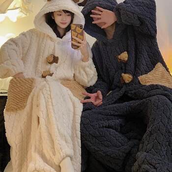 Vockoo Couple's Princess-Style Pajamas for Women, Autumn and Winter Thickened Coral Fleece Men's Bathrobe, Bear Loungewear