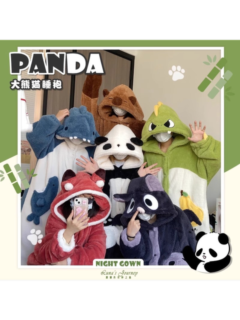 Vockoo Panda Pajamas for Women, Winter Coral Fleece, Thickened and Plush, Cute Bathrobe, One-Piece Sleepwear, Loungewear