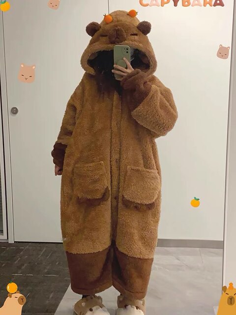 Vockoo Cute Kapibara Nightgown for Women Autumn and Winter Coral Velvet Pajamas Thickeneded Velvet Jumpsuit Home Clothes