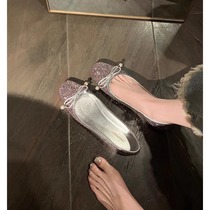 Frida Girl~Classic Square Toe Bow Shallow Mouth Exquisite Pearl Ballet Leather Shoes