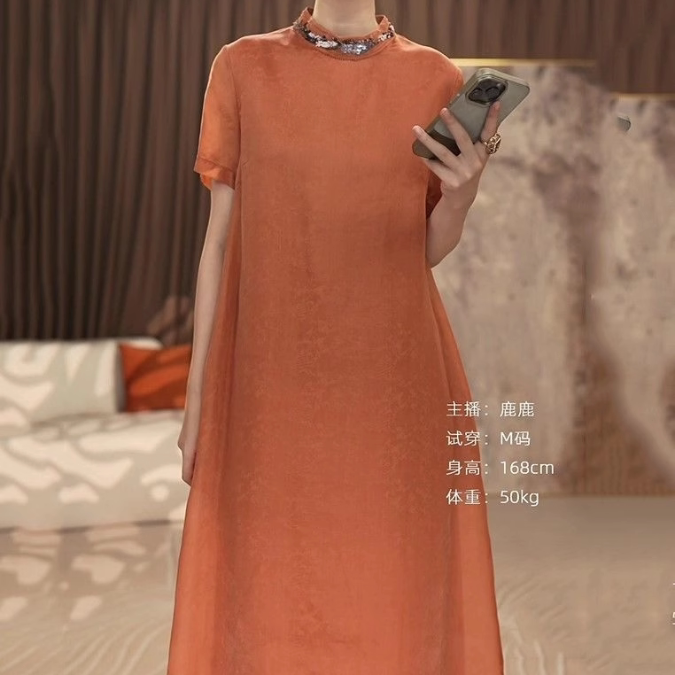 Slimming Retro Round Neck Solid Color Lazy Style Casual Loose Ginger Yellow Short-Sleeved Dress for Women 2026 Summer Dress Slimming Retro Round Neck Solid Color Lazy Style Casual Loose Ginger Yellow Short-Sleeved Dress for Women 2026 Summer Dress