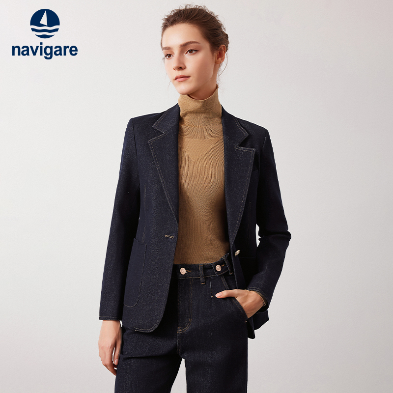 Navigare Italian Small Sailboat Blue Denim Suit for Women, Spring Casual Versatile Blazer