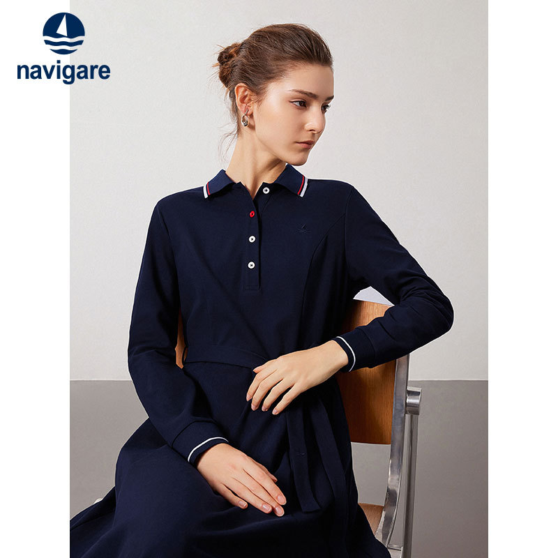 Navigare Italian Small Sailboat Blue Casual Waist-Cinching Polo Dress Women's Slimming Mid-Length Skirt
