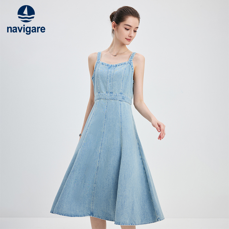 [Tencel] Navigare Italian Small Sailboat Blue Denim Suspender Dress Women's Casual Dress