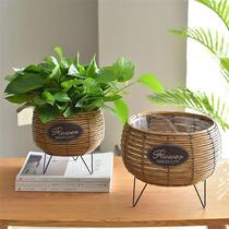 Creative Nordic straw woven flower basket bamboo woven rattan flower pot green dill woven basket basket set flower blue woven basket
