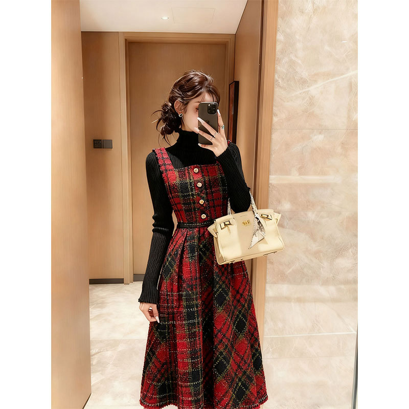 Korean Chic Christmas Plaid Woolen Suspender Dress Set for Women, Autumn Season, Fashionable, Elegant and High-End Style Korean Chic Christmas Plaid Woolen Suspender Dress Set for Women, Autumn Season, Fashionable, Elegant and High-End Style