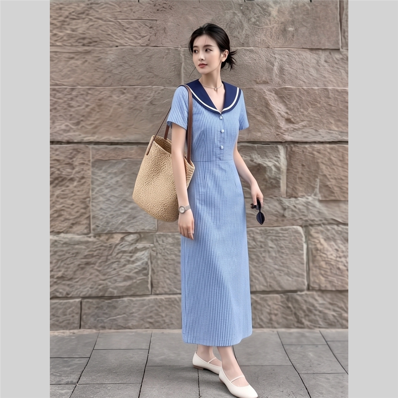 2026 Summer New Fashion College Style Navy Collar Dress Women's Blue Striped Waist-Cinching Long Dress with Design Sense