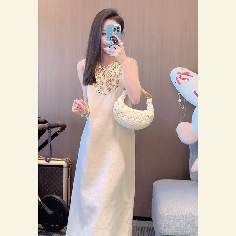 Summer Style Elegant Ladylike Cool and Unique High-End Look Super Stylish Cotton Linen White Sleeveless Dress