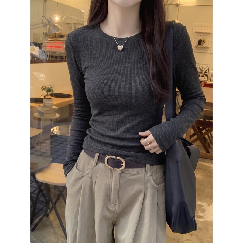 Round Neck Long-Sleeve Base Shirt for Women, 2026 New Early Autumn Slim Fit Ribbed Charcoal Black Niche Inner Wear Top