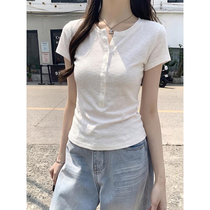 Summer Thin Short-Sleeved T-Shirt for Women 2026 New Slim Fit Bamboo Cotton and Linen Textured Button Cardigan Top Summer Thin Short-Sleeved T-Shirt for Women 2026 New Slim Fit Bamboo Cotton and Linen Textured Button Cardigan Top