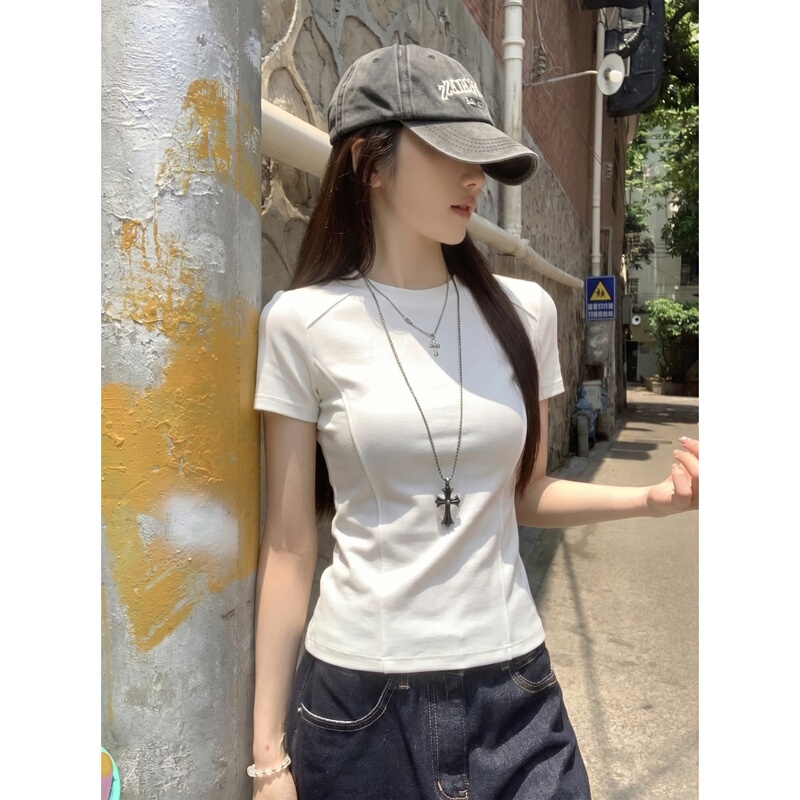 Round Neck Short-Sleeved T-Shirt for Women 2026 New Summer Slim Fit Fishbone Pattern White Design Niche T-Shirt Top for Women