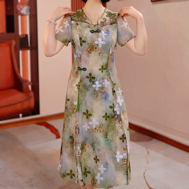 Fashionable Modernized Cheongsam Dress 2025 Summer Mid-Length Dress Chinese Style Plus Size Women's Clothing High-End Age-Reducing Slimming