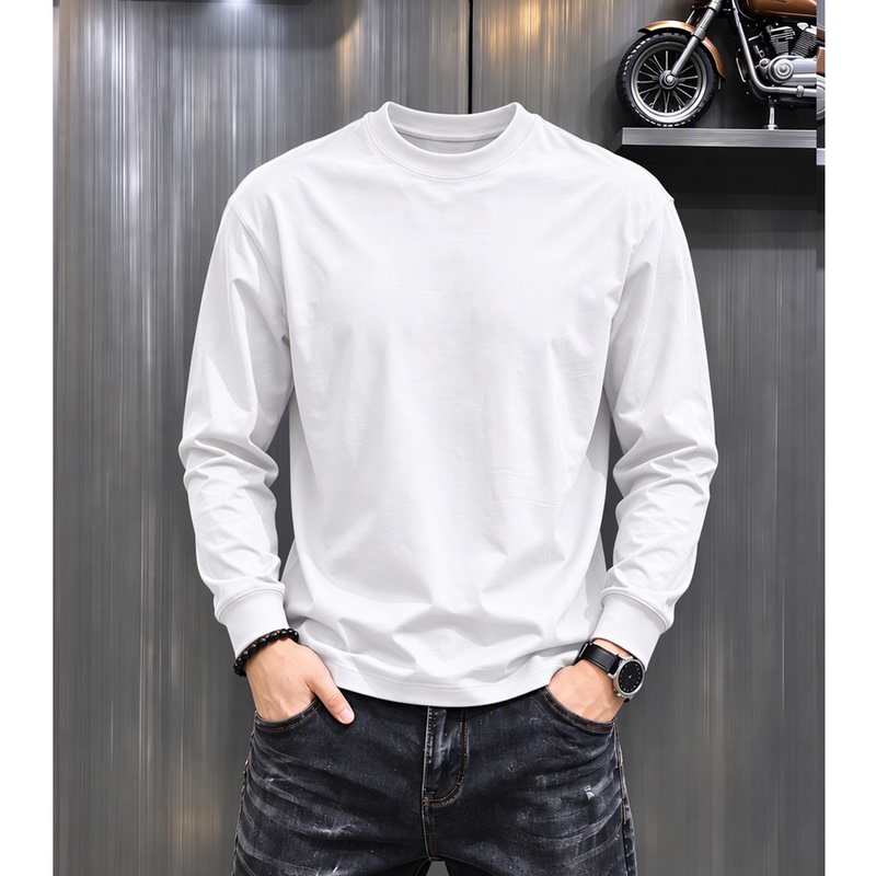 240g Pure Cotton Men's Long-Sleeved T-Shirt, Spring and Autumn Heavy-Duty Loose-Fitting Versatile Pure White Simple Style Sweatshirt Base Layer