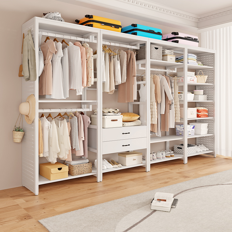 Open-Style Wardrobe DIY Home Floor-Standing Clothes Rack Bedroom Double-Layer Clothes Rack Metal Pegboard Wardrobe Open-Style Wardrobe DIY Home Floor-Standing Clothes Rack Bedroom Double-Layer Clothes Rack Metal Pegboard Wardrobe