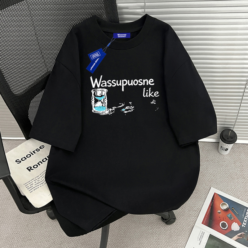 Wassup Heavyweight Black Pure Cotton Short-Sleeved T-Shirt for Men, Summer 2026 New Loose Casual Printed Top Wassup Heavyweight Black Pure Cotton Short-Sleeved T-Shirt for Men, Summer 2026 New Loose Casual Printed Top