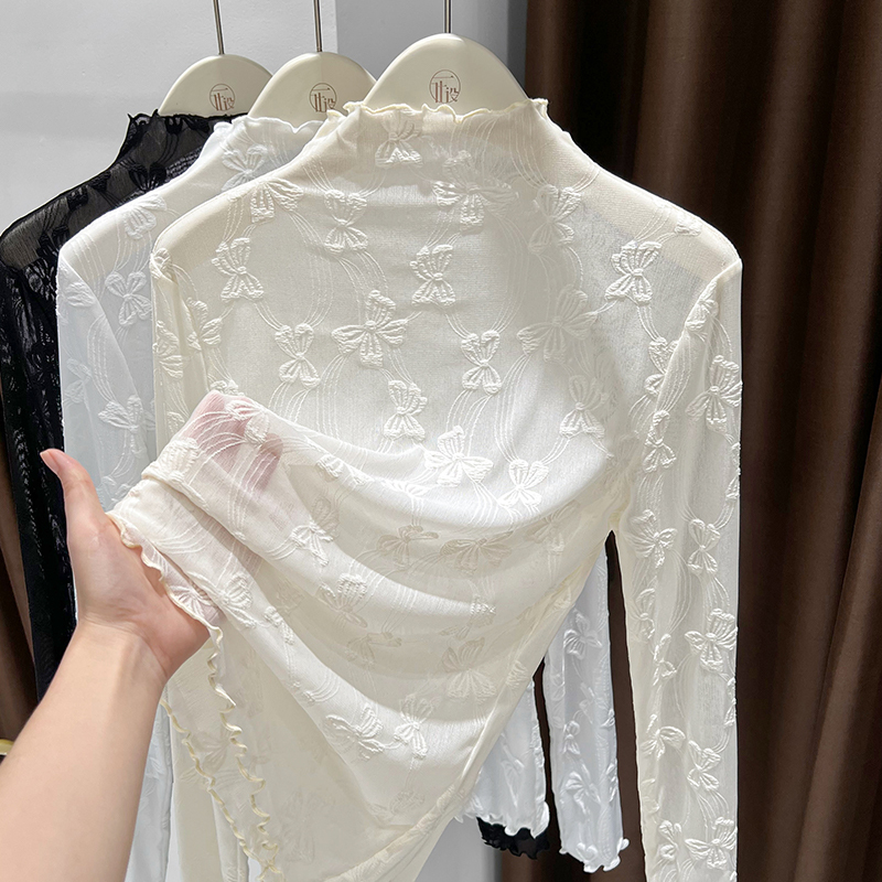 Lace Bow Slim-Fit Mesh Base Shirt Layered with a Unique Women's Top, Winter High-Neck Lace Hem Blouse