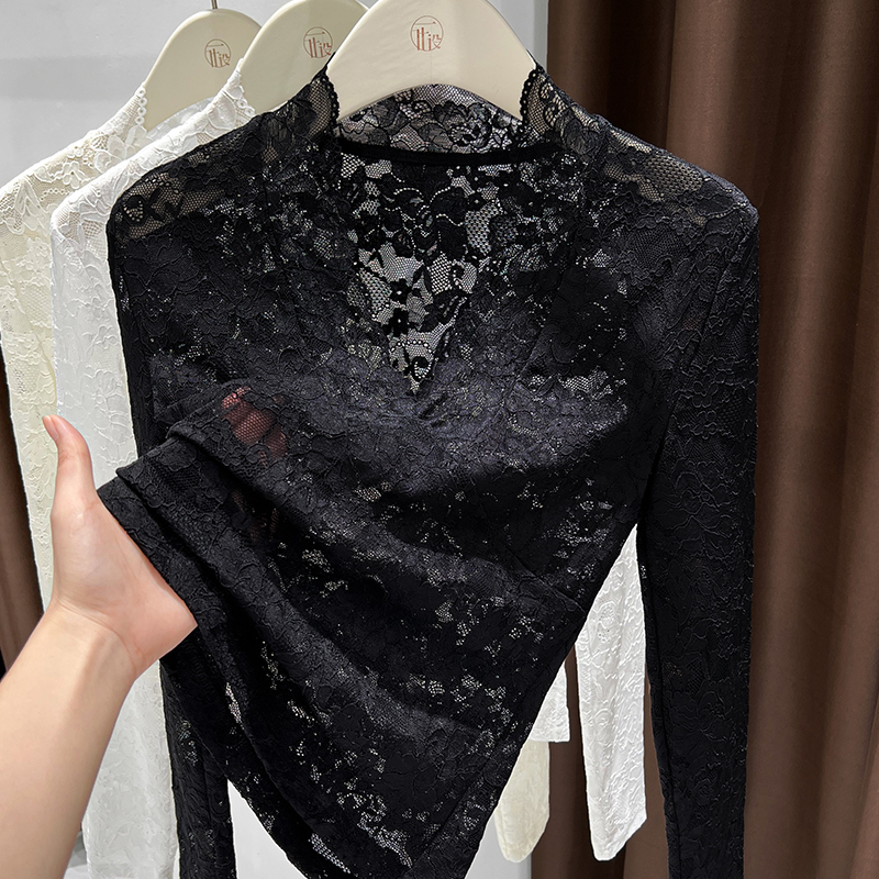 High-End Exquisite Lace Black Base Shirt with V-Neck, Jacquard Mesh, Unique Design, Trendy Internet-Famous Top