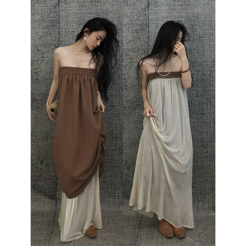 Shuozi Wangyu｜ "Out of Focus" Reversible Color-Block Drawstring Ruched Elastic Strapless Long Dress Can Be Worn as a Half Skirt