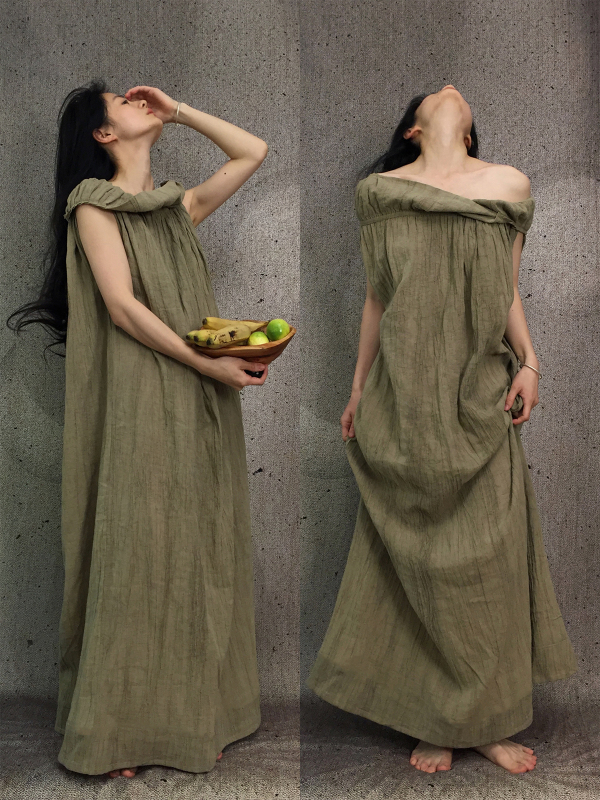 Full Moon｜ "Blooming in Contradiction" Multi-Wear Collar with Floral Embellishments, Ink Gray-Green Cotton-Linen Summer Artistic Sleeveless Dress