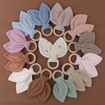 BPA Free Natural Beech Wood Baby Teether Cotton Rabbit Ears