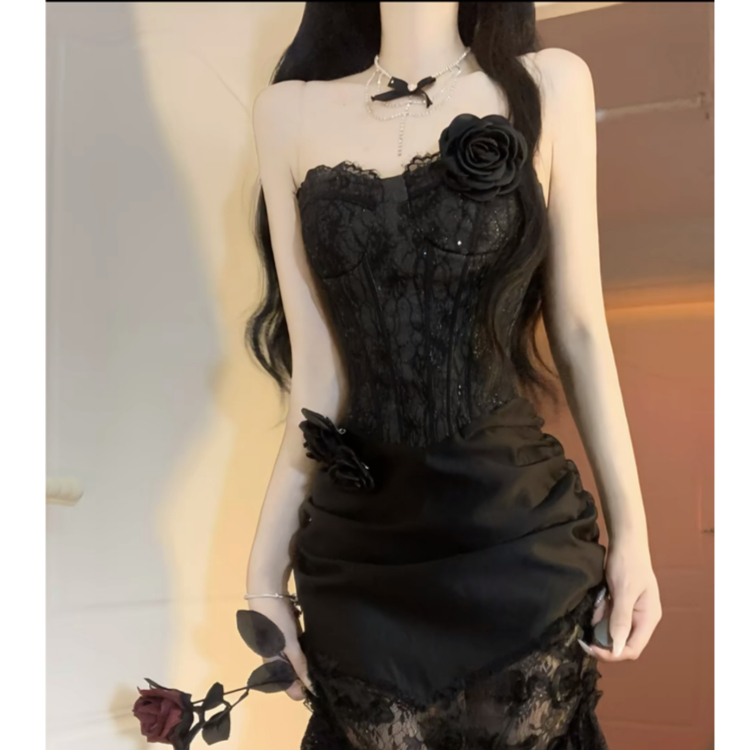 Elegant French-Style Light Luxury Black Swan Strapless Lace Mini Dress, High-End Sexy Mature Birthday Long Dress