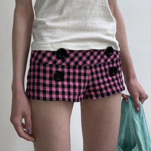 Korean-Style Lazy Casual Style Plaid Buttoned Color-Block Mid-Waist Shorts Summer Street Retro Women's Hot Pants