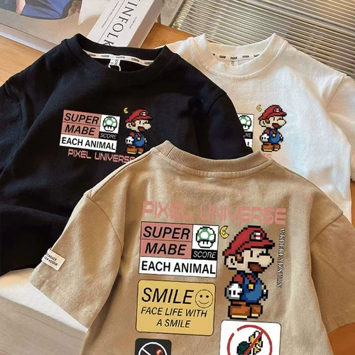 Хлопковая футболка с коротким рукавом для мальчиков, мультяшная детская приятная телу летняя одежда, короткий рукав, детская одежда