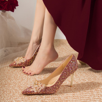 Wedding shoes Xiuhe main wedding dress two-wear bridal shoes new style French burgundy crystal high heels that are not tiring and have a high-end feel
