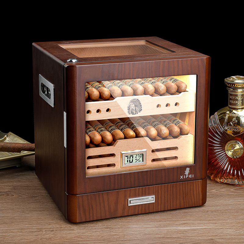 Small Cigar Cabinet, Large Capacity Cedar Wood Humidor, Led Light, Digital Display, Aging Tobacco Box, Gift for Husband or Elders