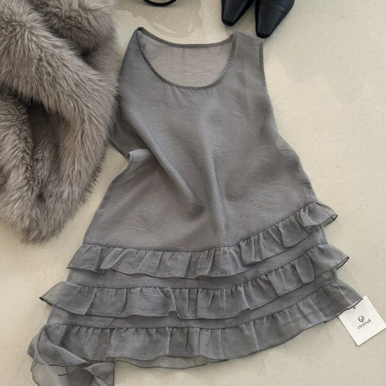 Plus Size 150kg Korean Style Niche Layered See-Through Irregular Ruffle Mesh Tank Dress for Women Summer 2