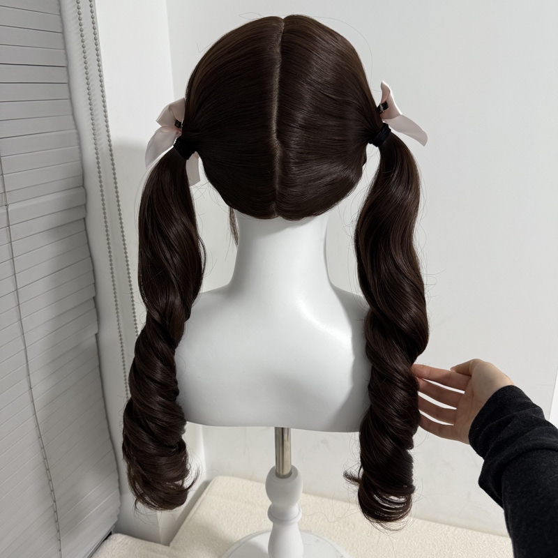 Dai Miao Wig Internet Celebrity Natural Lolita Wig with Bangs and Double Ponytails, Realistic Scalp, 70cm Curly Hair
